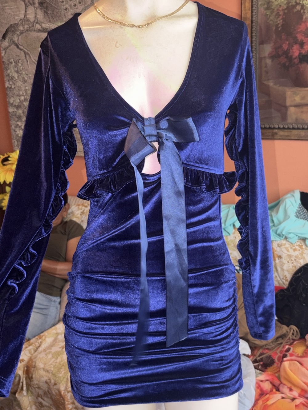 Sky Navy Blue Velvet Tie-Front Long Sleeve Mini Dress